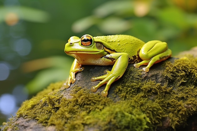 Una rana di colore verde si siede in una natura bellissima