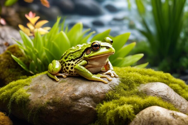 Una rana seduta su una roccia con muschio e piante dietro