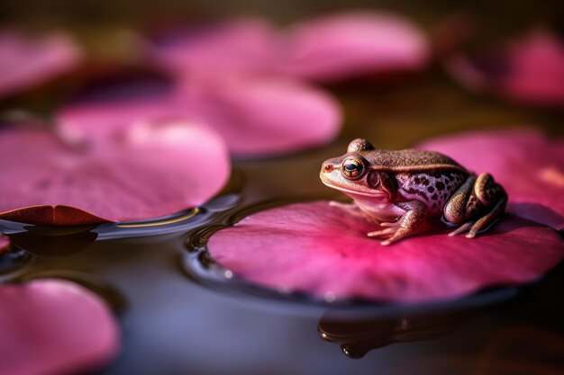 Una rana si siede su un fiore rosa nell'acqua.