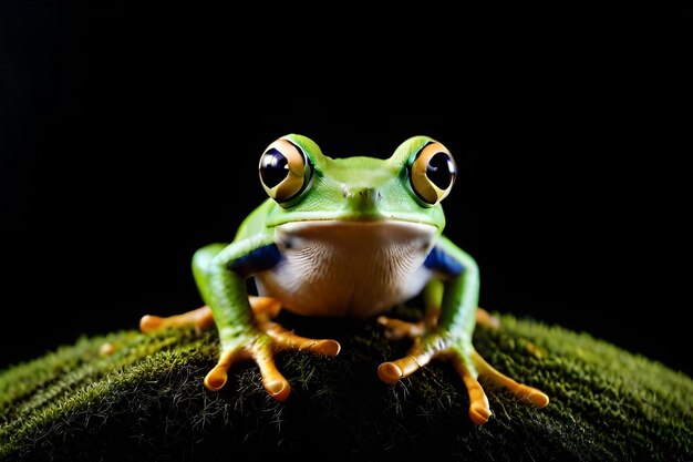 Una rana si siede su una superficie verde muschio.