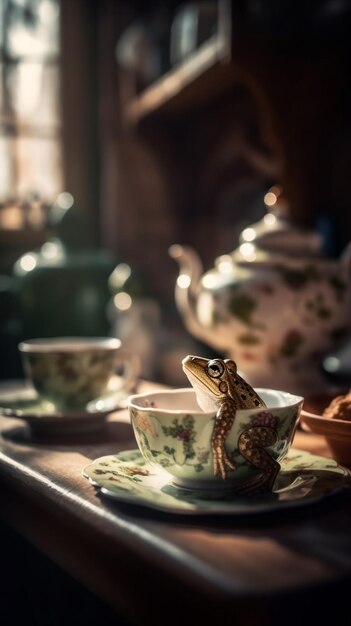 Una rana siede in una tazza da tè in una tazza da tè.