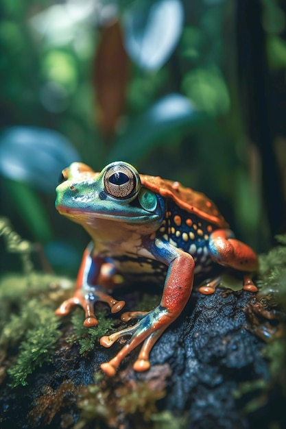 Una rana siede su un tronco in una foresta pluviale