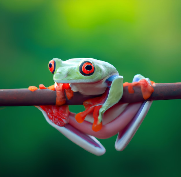 Una rana verde con gli occhi arancioni è seduta su un ramo.