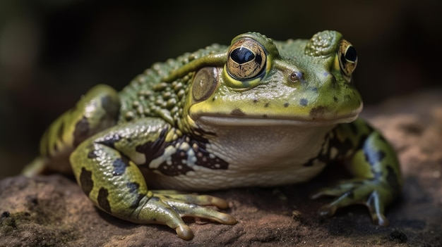 Una rana verde con un ampio sorriso e una pancia maculata generata dall'intelligenza artificiale