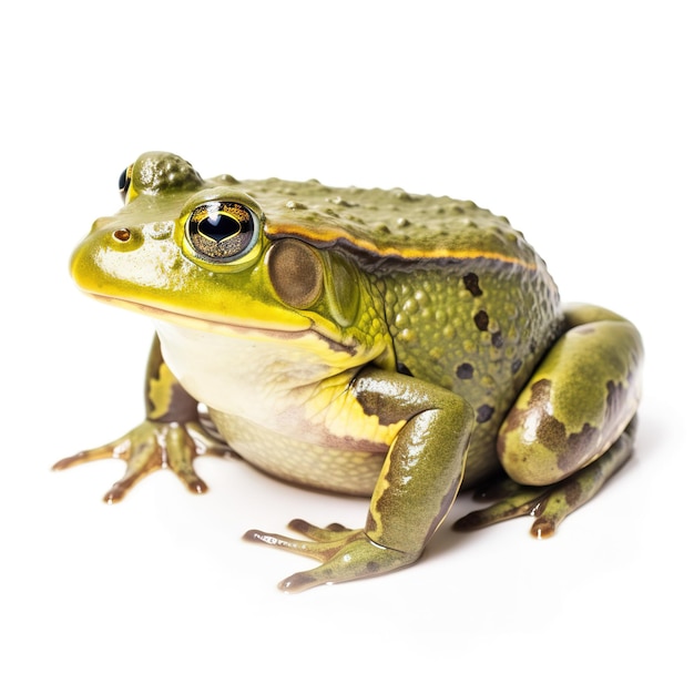 Una rana verde con un corpo giallo e un corpo verde si trova su uno sfondo bianco.