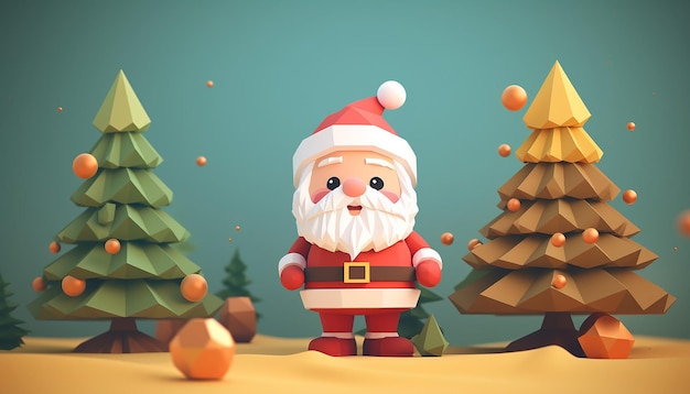 una rappresentazione 3d di un Babbo Natale carino e di un albero di Natale