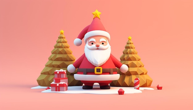 una rappresentazione 3d di un Babbo Natale carino e di un albero di Natale