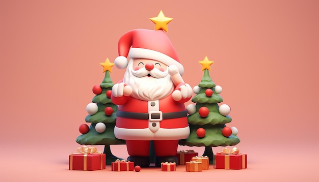 una rappresentazione 3d di un Babbo Natale carino e di un albero di Natale