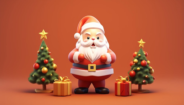 una rappresentazione 3d di un Babbo Natale carino e di un albero di Natale