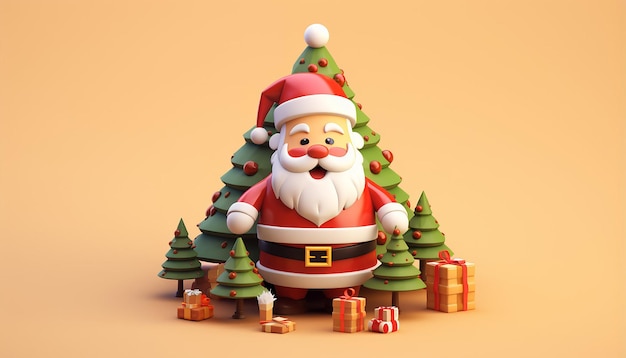 una rappresentazione 3d di un Babbo Natale carino e di un albero di Natale
