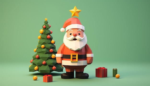 una rappresentazione 3d di un Babbo Natale carino e di un albero di Natale