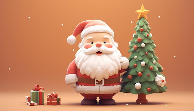 una rappresentazione 3d di un Babbo Natale carino e di un albero di Natale