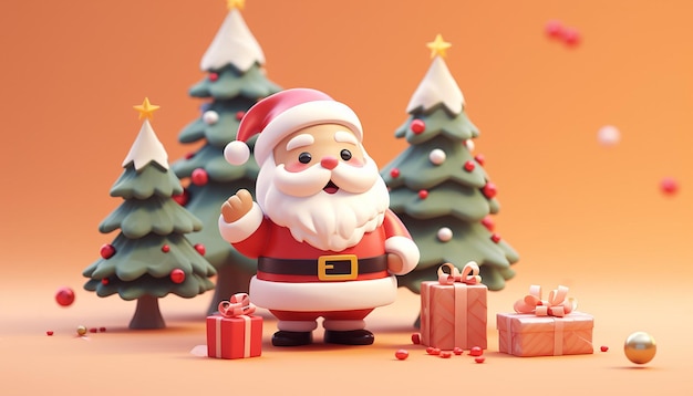 una rappresentazione 3d di un Babbo Natale carino e di un albero di Natale