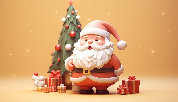 una rappresentazione 3d di un Babbo Natale carino e di un albero di Natale