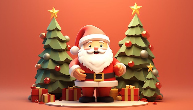 una rappresentazione 3d di un Babbo Natale carino e di un albero di Natale