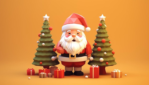 una rappresentazione 3d di un Babbo Natale carino e di un albero di Natale