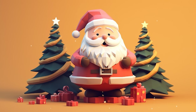 una rappresentazione 3d di un Babbo Natale carino e di un albero di Natale