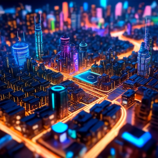 Una rappresentazione 3d di un paesaggio urbano di notte con luci al neon e uno stile astratto HD HUD Ultra 4K