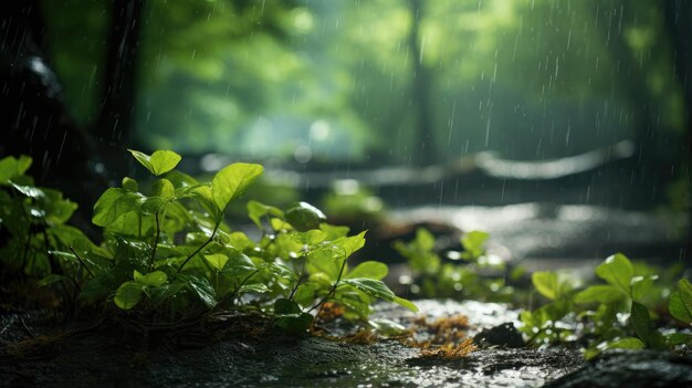 Una rappresentazione affascinante di foglie schizzate di pioggia in un ambiente sereno di foresta dove il gioco di luci e ombre crea un'atmosfera di calma pacifica