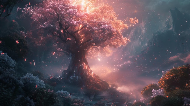 Una rappresentazione artistica di un alto albero luminoso che evoca l'essenza misteriosa e fantastica dell'Anello di Elden circondato da una flora ultraterrestre Creata utilizzando la rappresentazione artistica AI Generative
