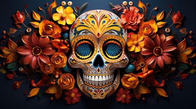 una rappresentazione artistica di un colorato teschio calavera circondato da petali di calendula