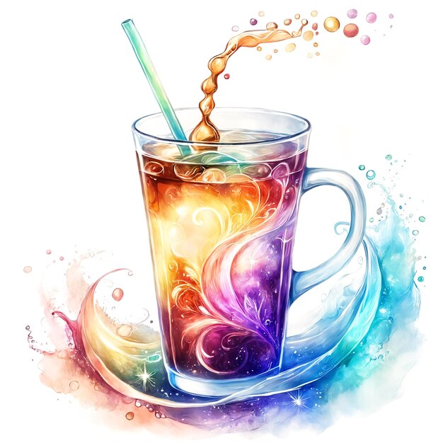Una rappresentazione colorata e artistica di un bicchiere di caffè che viene versato in esso La bevanda sembra essere un mix di vari colori che le dà un aspetto vibrante e visivamente attraente