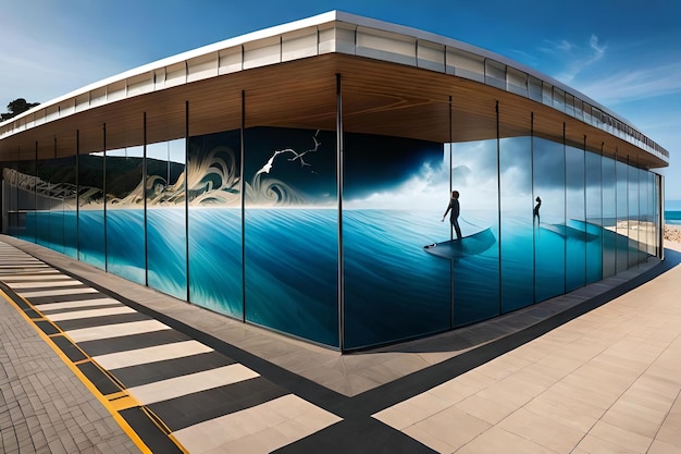 Una rappresentazione del riflesso di un surfista su una parete di vetro.