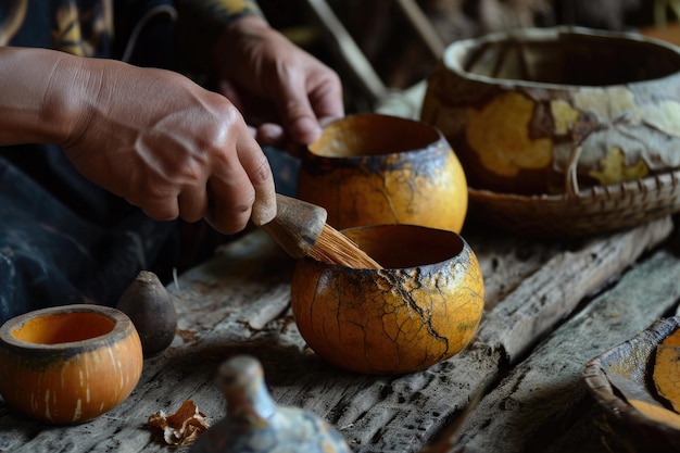 Una rappresentazione dettagliata del processo coinvolto nella lavorazione di una tazza di tè quotkalabash da una zucca secca che evidenzia l'intricata arte dietro la sua creazione