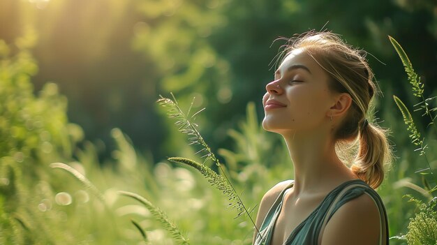 Una rappresentazione di una donna placida in un bosco lussureggiante che gode dello spazio d'aria fresca AI generativa