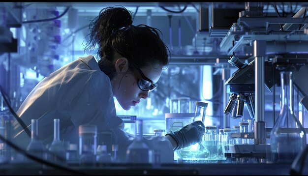 Una rappresentazione fotorealista di una scienziata in un laboratorio