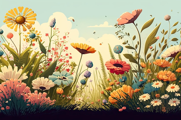 Una rappresentazione illustrata di un prato pieno di fiori che sbocciano durante la stagione primaverile Generative AI