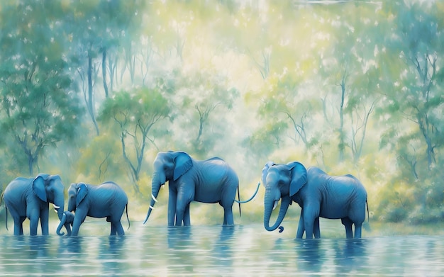 Una rappresentazione impressionistica di una sinfonia di elefanti che si svolge in una lussureggiante intelligenza artificiale