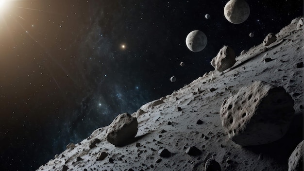 Una rappresentazione realistica di una cintura di asteroidi con asteroidi di varie dimensioni