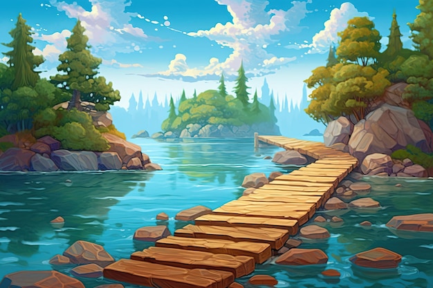 una rappresentazione schematica di un ponte di legno su un corpo d'acqua