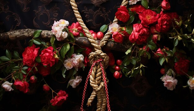 una rappresentazione simbolica del Martisor legato a un ramo d'albero in fiore