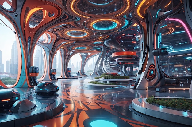 Una rappresentazione vibrante e astratta di un hub tecnologico futuristico, con motivi e forme intricati