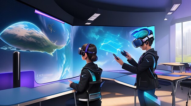 Una realtà virtuale futuristica con display olografico in classe integrata nell'esperienza di apprendimento