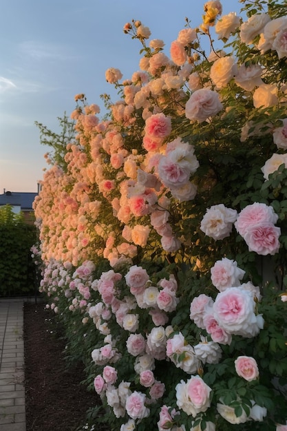 Una recinzione di giardino con rose rosa e bianche.