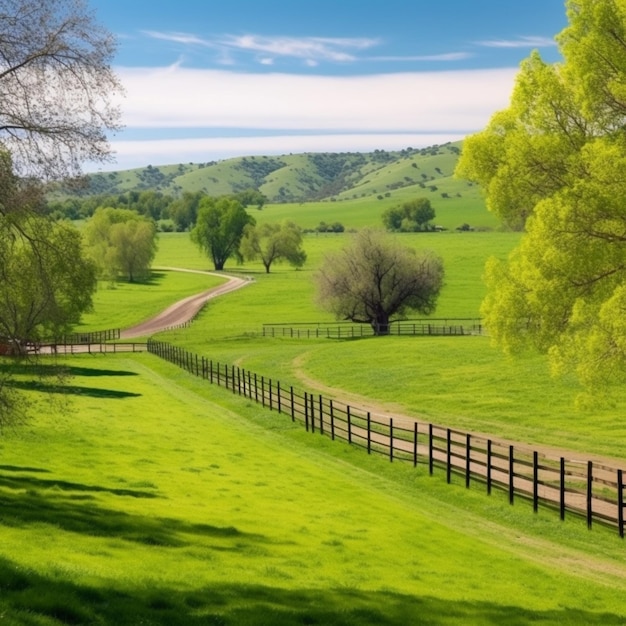 Una recinzione in un campo con erba verde e alberi.