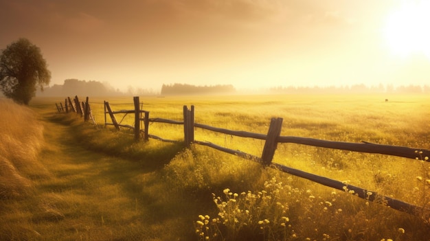 Una recinzione in un campo con un tramonto dorato sullo sfondo.