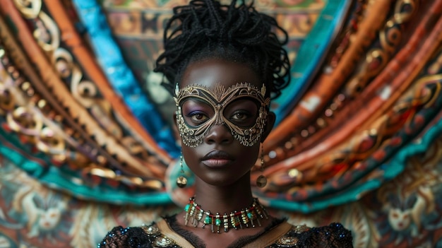 Una regale donna nera si trova di fronte a uno sfondo intricato la sua maschera ornata evidenziando la sua