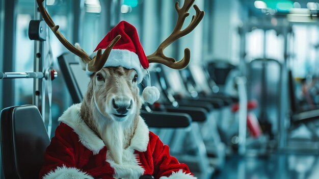 una renna che indossa un cappello di Babbo Natale si siede in una palestra