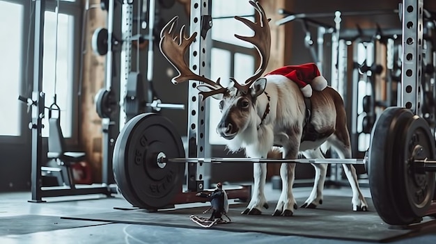 una renna con un cappello di Babbo Natale sulla testa si trova in una palestra