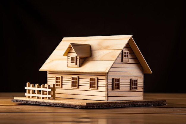 Una replica di una casa in legno posta su uno sfondo in legno che funge da rappresentazione dell'ambiente edilizio