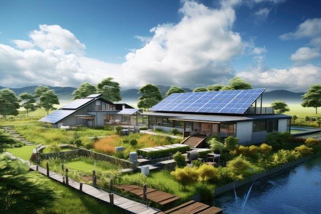 Una residenza con pannelli solari sul tetto C'è una fattoria a energia solare nelle vicinanze completata da stabl