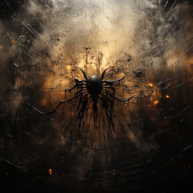 una rete di ragno con una faccia su di essa e il riflesso di una web di ragno