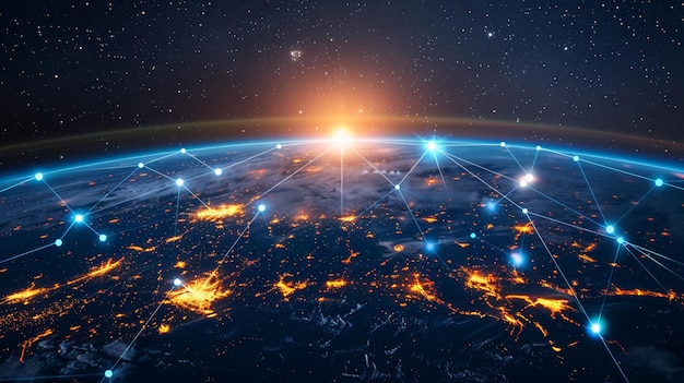 Una rete digitale che collega punti luminosi che rappresentano l'interconnessione delle azioni globali