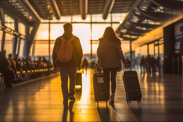 Una retrovisione integrale di un uomo e di una donna che tirano con confidenza le loro valigie di viaggio