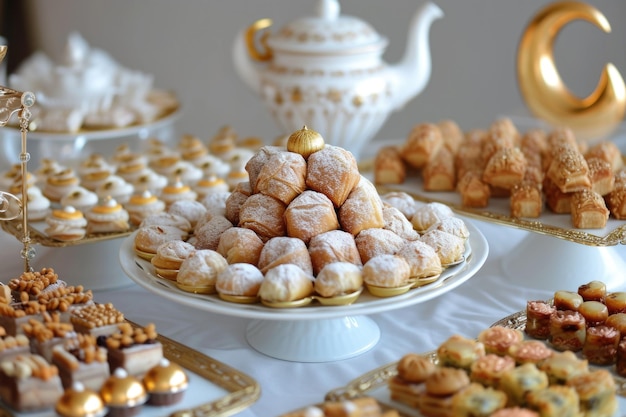 Una ricca distribuzione di pasticcini e dolci del Medio Oriente pronti per un'occasione festiva