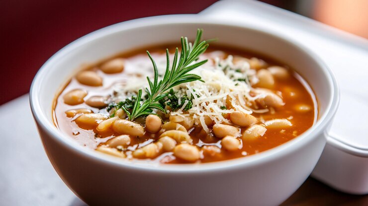 Foto una ricca e confortante ciotola di pasta e fagioli viene servita in una ciotola bianca di ceramica con teneri fagioli cremosi di pasta e un ricco brodo di pomodoro sormontato da una spruzzatura di formaggio parmigiano e alcuni ramoscelli